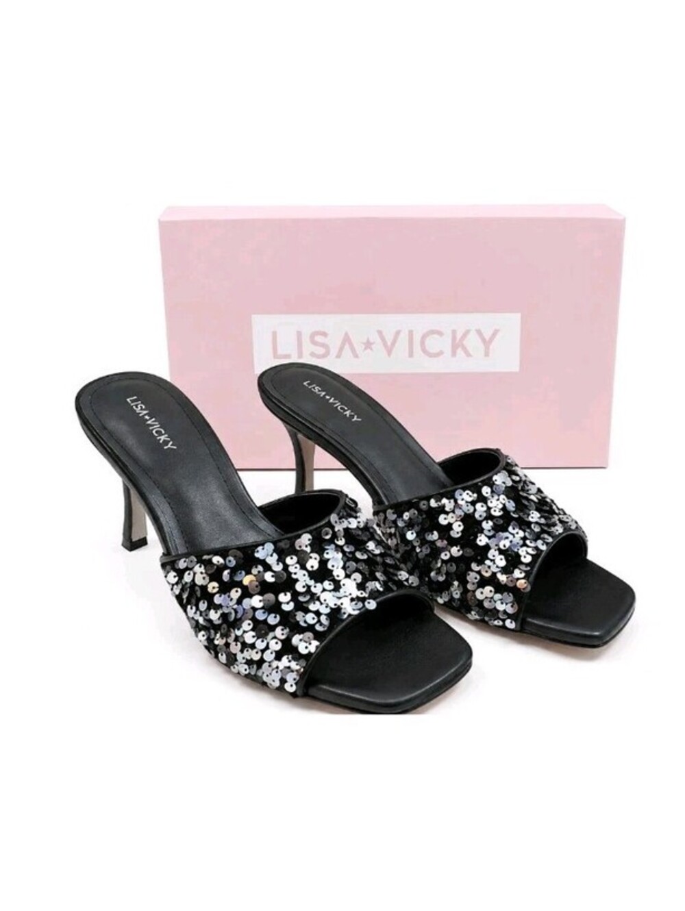Lisa Vicky Pretty Sequin Slide Sandal In Platinum Black Women's Size 9.5 NEW!